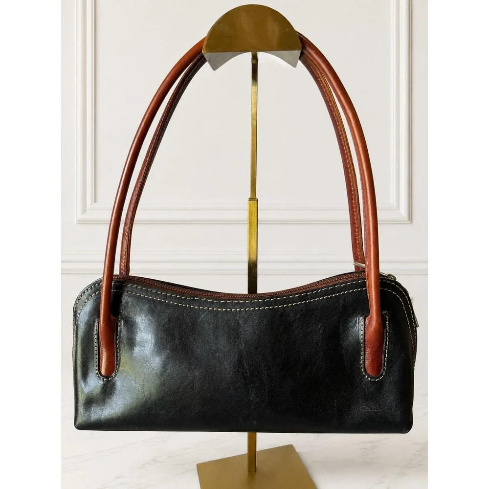 Del Borgo Vintage Black Italian Leather Baguette Handbag Cognac Handles MINT
